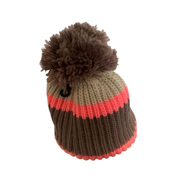 L.L.Bean Pom Pom Chunky Knit Beanie Hat Neon Coral Pink Brown Taupe Stripe - NWT